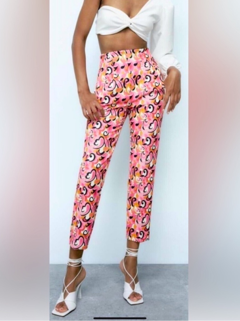 NWT: ZARA pink paisley floral swirl retro skinny cropped high waist pants Sz XL